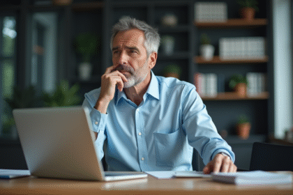 Homme d'affaires pensif utilisant l'IA au bureau