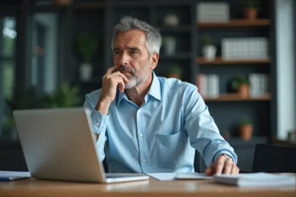 Homme d'affaires pensif utilisant l'IA au bureau