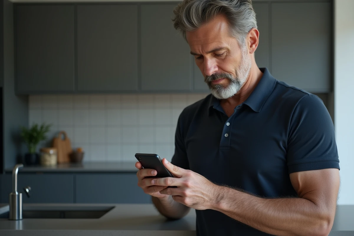 Homme utilisant un service d'annuaire inversé sur smartphone dans une cuisine moderne