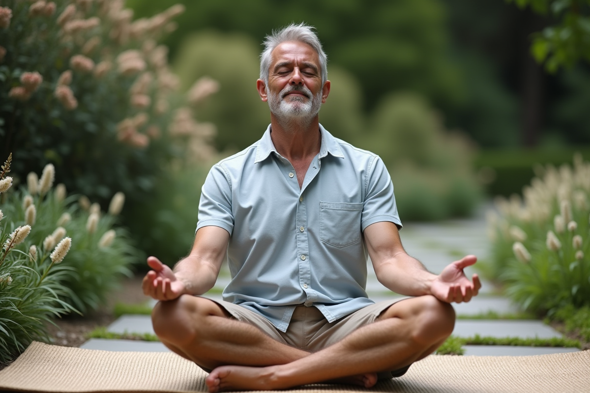 Homme pratiquant relaxation dans un jardin