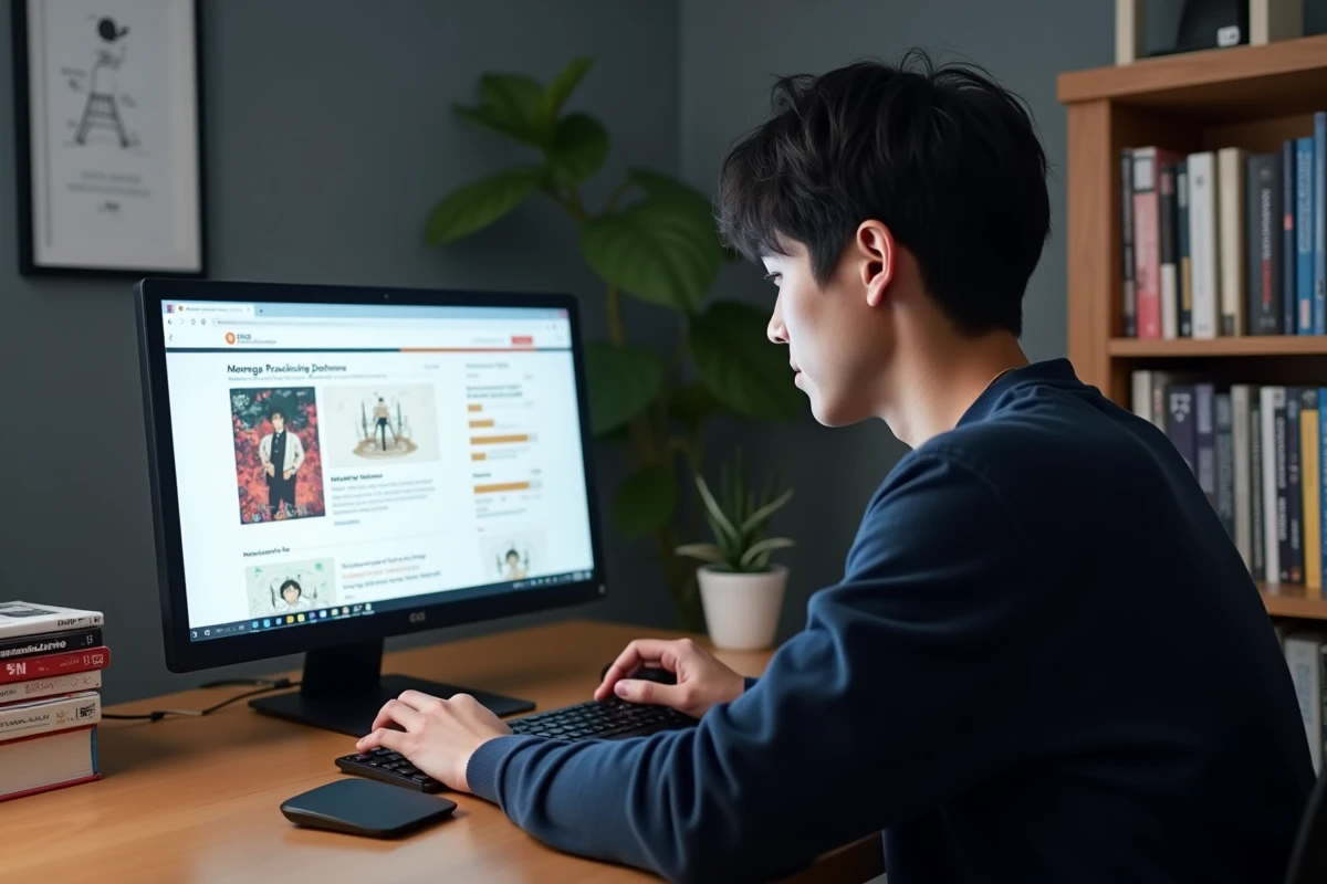 Homme consultant un site de suivi de manga sur ordinateur portable avec une collection de volumes manga sur son bureau