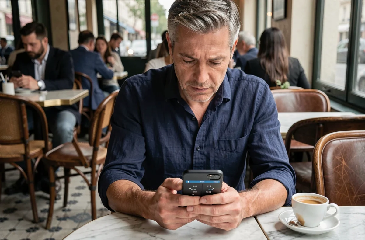 Homme consultant un jeu de mots Sutom sur smartphone dans un café parisien, comparaison Sutom illimité versus version gratuite