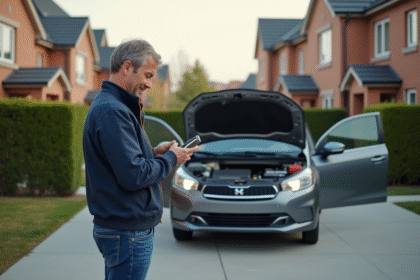 Homme d'âge moyen vérifiant la batterie de voiture dans une cour