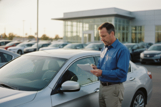 Homme d age en analyse devant voiture d occasion