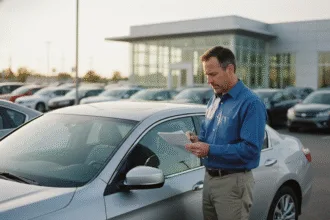 Homme d age en analyse devant voiture d occasion