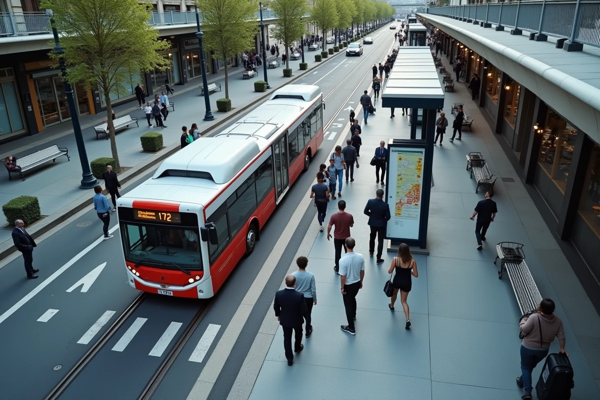 Vue aérienne d'un hub de transport avec le bus 172 et une rame de tramway à Paris