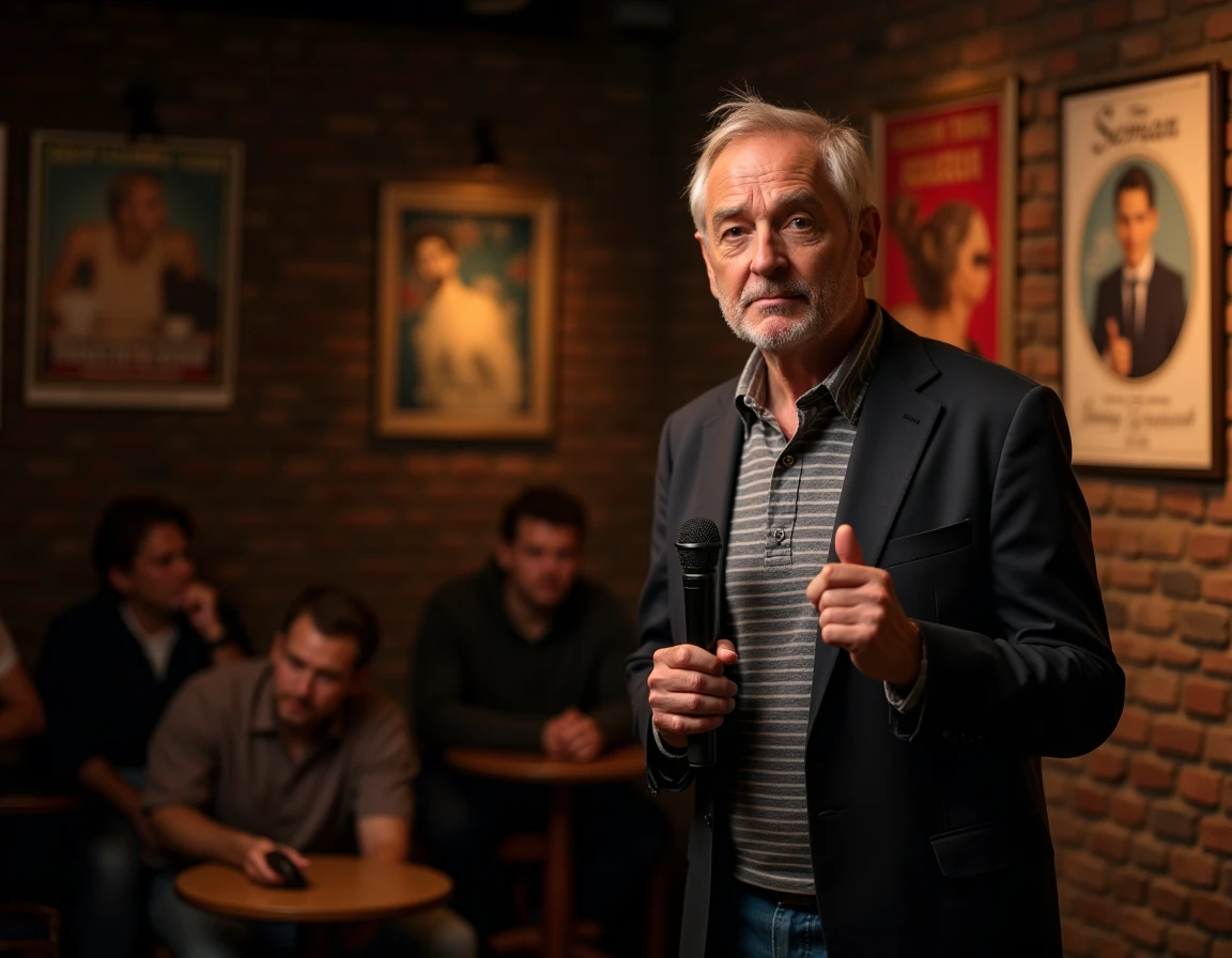 Humoriste français sur scène dans un club de comédie parisien racontant une blague