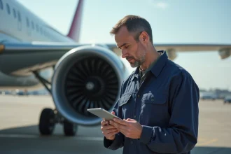 Ingénieur aéronautique examinant un moteur de jet sur le tarmac