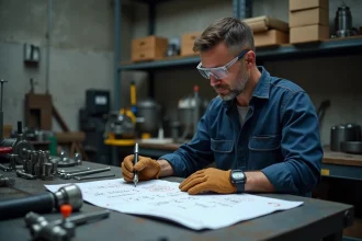Ingénieur mécanicien consultant des calculs de conversion de couple en atelier industriel
