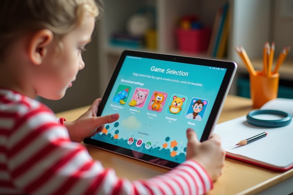 Écran de tablette affichant une interface de jeux pour enfants avec options de contrôle parental activées