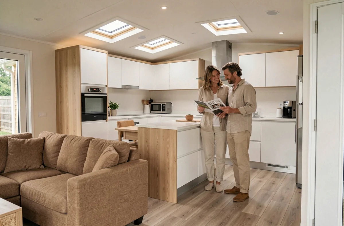 Intérieur moderne d'un mobil-home français avec cuisine intégrée en chêne et blanc mat, espace optimisé et couple découvrant les aménagements