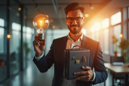 Jeune entrepreneur confiant avec ampoule lumineuse et mallette