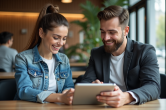Jeune femme en denim et un homme en business discutant sur une tablette