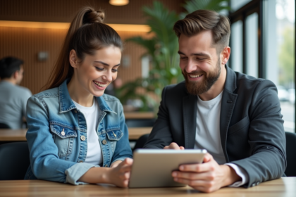 Jeune femme en denim et un homme en business discutant sur une tablette