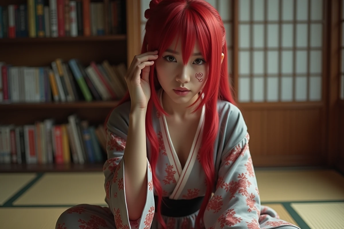 Femme cosplayeuse avec perruque rouge et marque sur le front