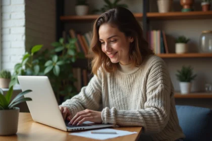 Jeune femme détendue travaillant sur son ordinateur à la maison