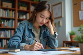 Jeune femme en train de dessiner sur une tablette dans un studio créatif