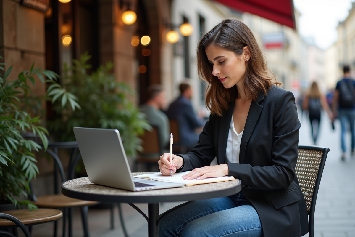 Jeune femme entrepreneure travaillant sur son ordinateur en terrasse
