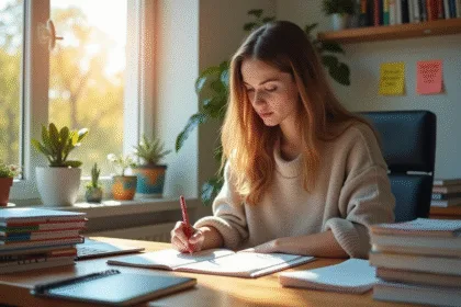 Jeune femme étudie à un bureau organisé avec des dossiers colorés