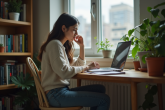 Jeune femme inquiète à son bureau étudiant