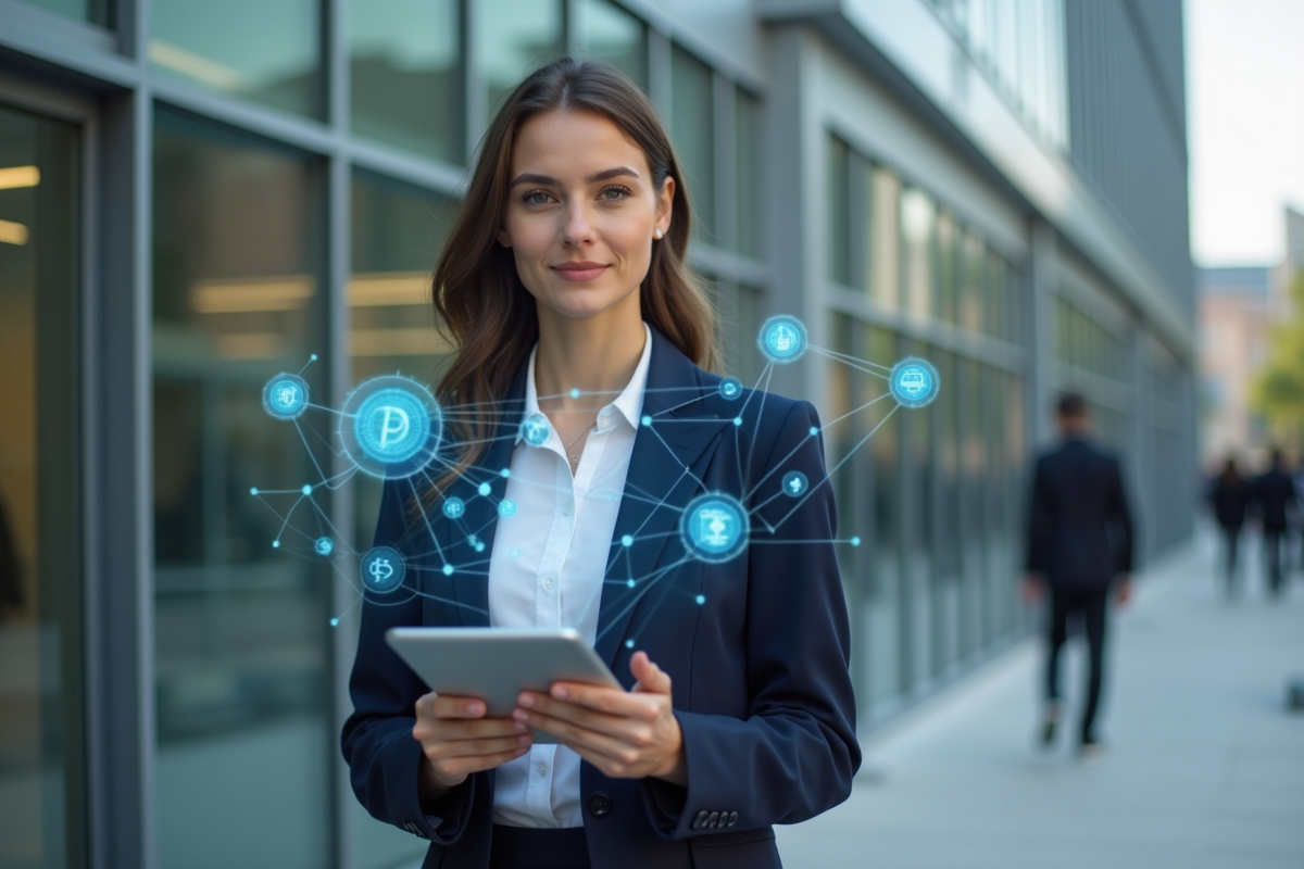 Jeune femme avec tablette affichant un réseau blockchain en extérieur