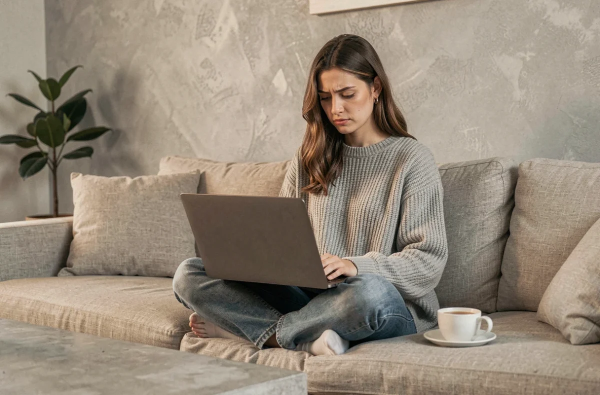 Jeune femme lisant un article de blog sur son ordinateur portable dans un salon moderne pour analyser une ligne éditoriale