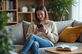 Jeune femme lisant un ebook sur son smartphone dans un salon cosy