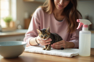 Jeune femme réconfortant un chaton tacheté dans la cuisine