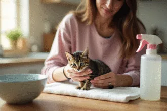 Jeune femme réconfortant un chaton tacheté dans la cuisine