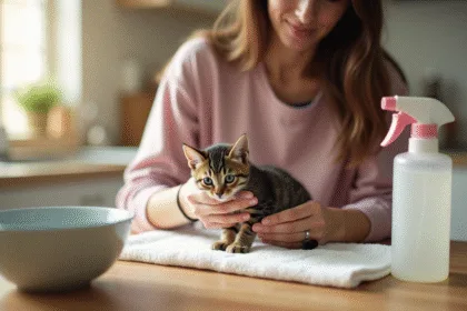 Jeune femme réconfortant un chaton tacheté dans la cuisine