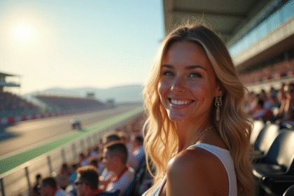 Jeune femme souriante dans les gradins de MotoGP ensoleille