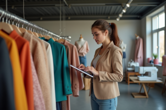 Jeune femme en blazer beige travaillant sur une tablette dans un studio de mode