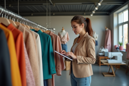 Jeune femme en blazer beige travaillant sur une tablette dans un studio de mode
