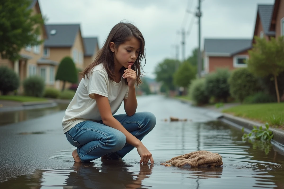 Jeune fille examinant des débris dans une rue inondée