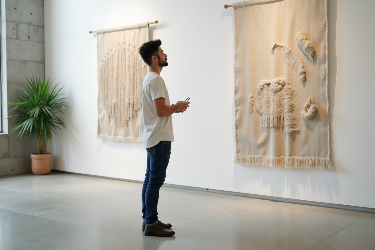 Jeune homme observant une œuvre textile dans une galerie moderne