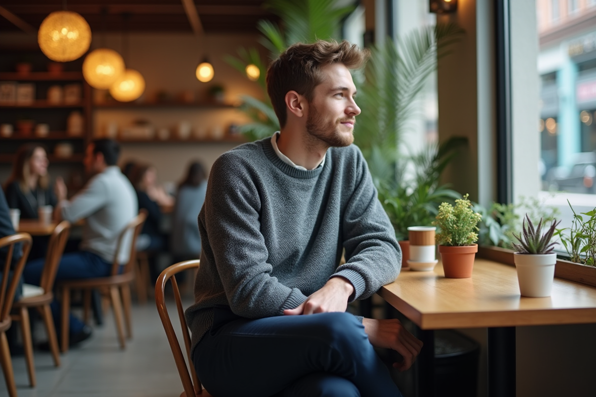 Jeune homme assis au café avec pantalon chino