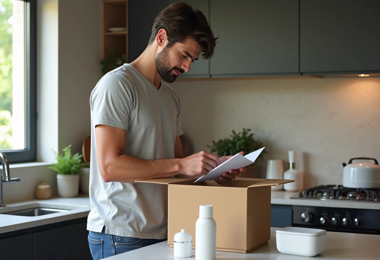 Jeune homme déballant des produits dans une cuisine moderne