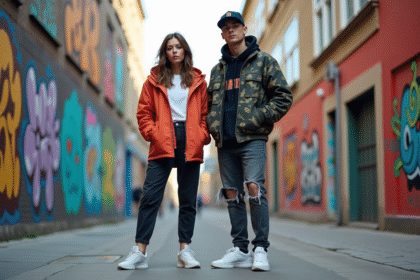 Jeune couple en streetwear tendance sur un trottoir urbain coloré
