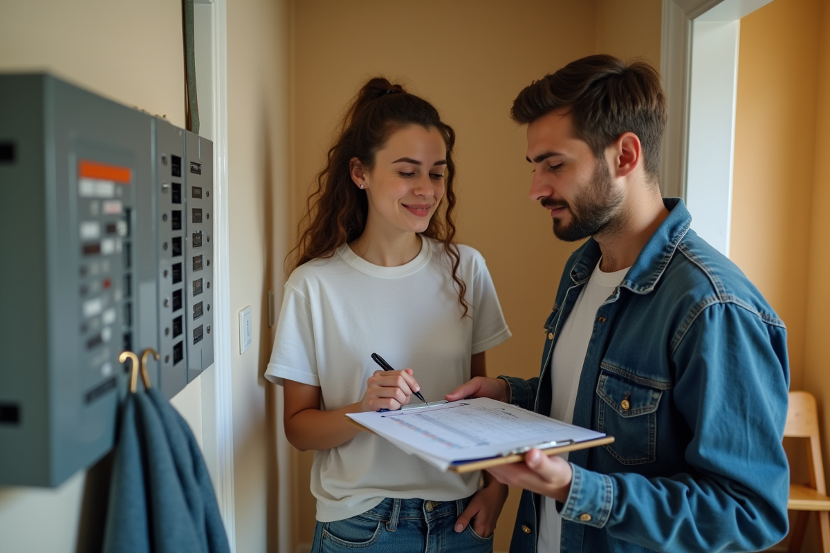 Jeune homme et femme vérifiant un tableau d énergie dans le couloir
