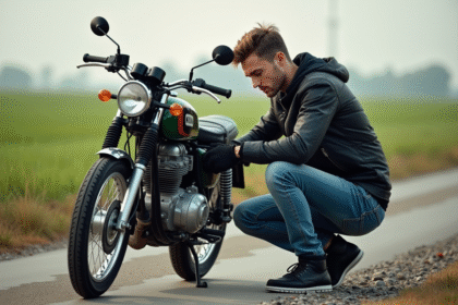 Jeune homme vérifiant une moto 125cc en extérieur