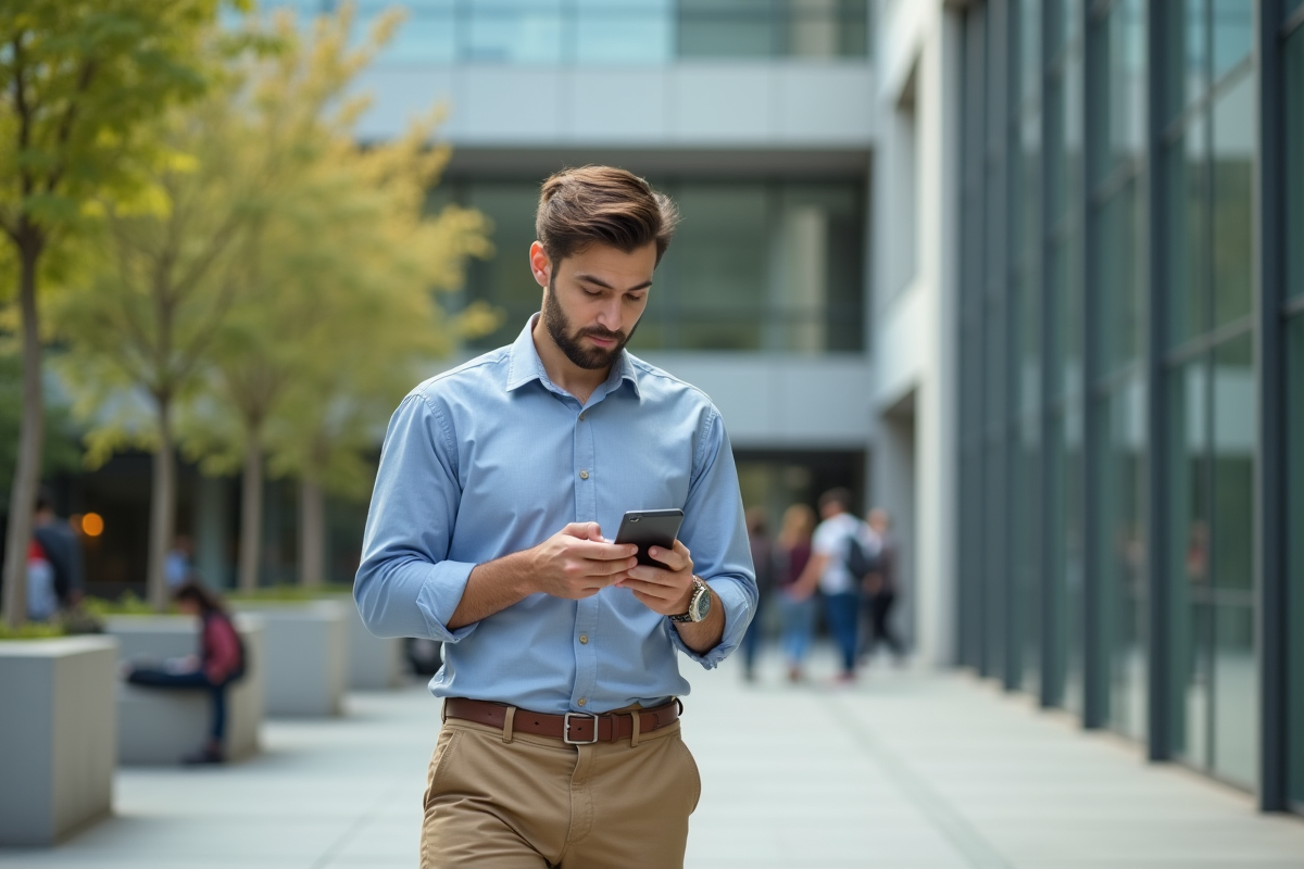 Jeune homme étudiant vérifiant son smartphone dehors