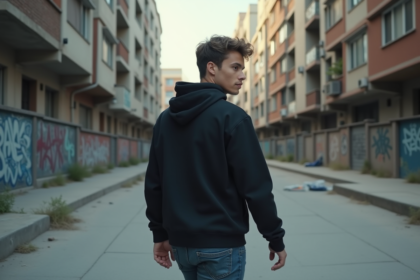 Jeune homme en hoodie dans une place urbaine graffitée