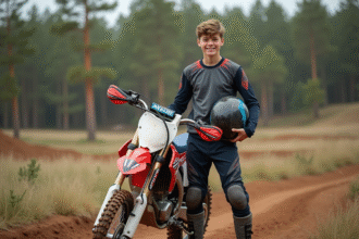 Jeune garçon de motocross souriant dans la forêt avec sa moto