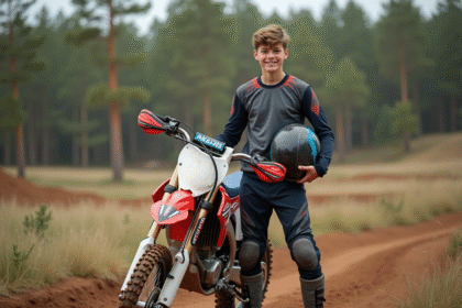 Jeune garçon de motocross souriant dans la forêt avec sa moto