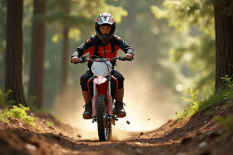 Jeune garçon motocross en pleine forêt en action