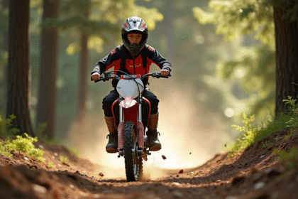 Jeune garçon motocross en pleine forêt en action