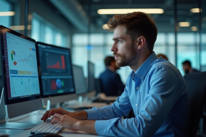 Jeune homme professionnel concentré devant un grand écran d'ordinateur