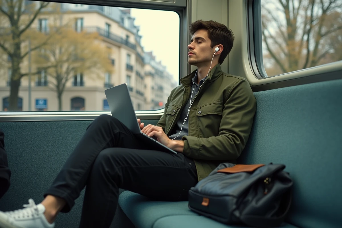 Jeune professionnel se reposant avec des écouteurs dans le métro parisien pendant son trajet quotidien vers le bureau