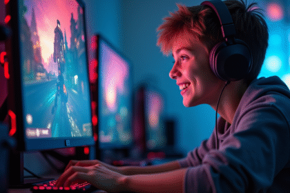 Jeune streamer souriant jouant à un jeu vidéo sur un bureau lumineux