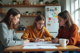 Jeunes adultes discutant de factures d énergie à la maison